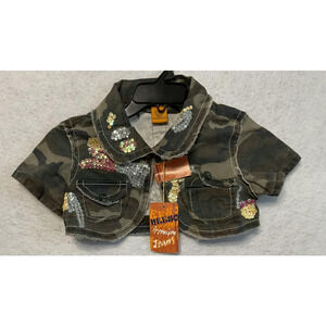 Neeso Jeans Jacket Girls Small Camo Cropped Sequin Denim Bolero Green Top Boho